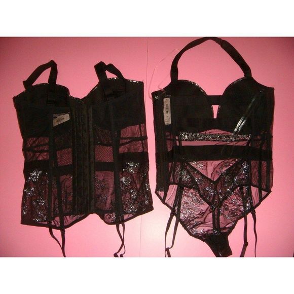 Victoria's Secret 32C,34C BRA SET+garter TEDDY+CORSET+S,M BLACK silver foil mesh - Picture 5 of 9